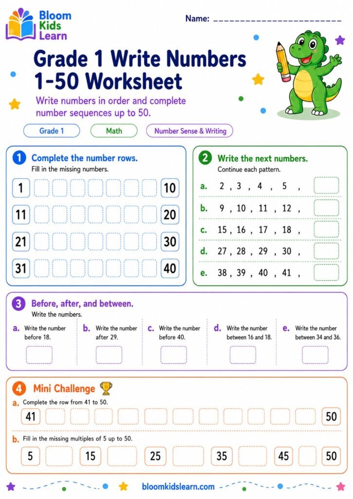 Grade 1 write numbers 1-50 worksheet preview