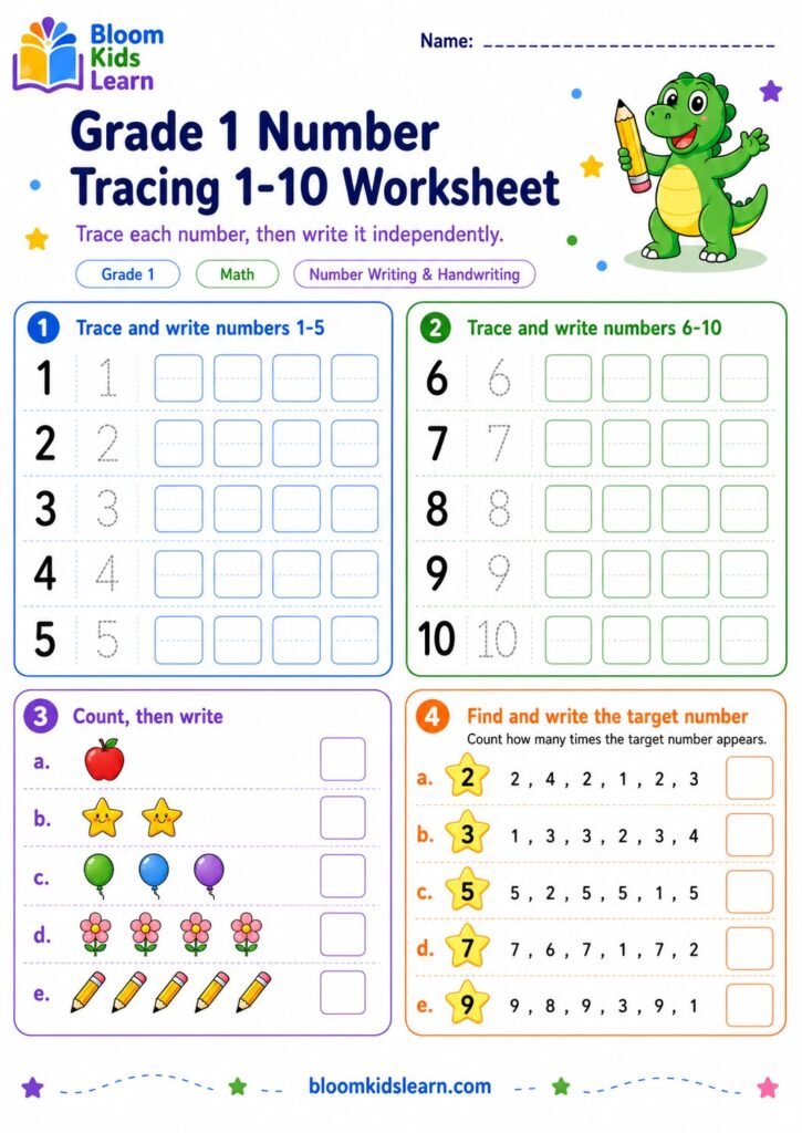 Grade 1 number tracing 1-10 worksheet preview
