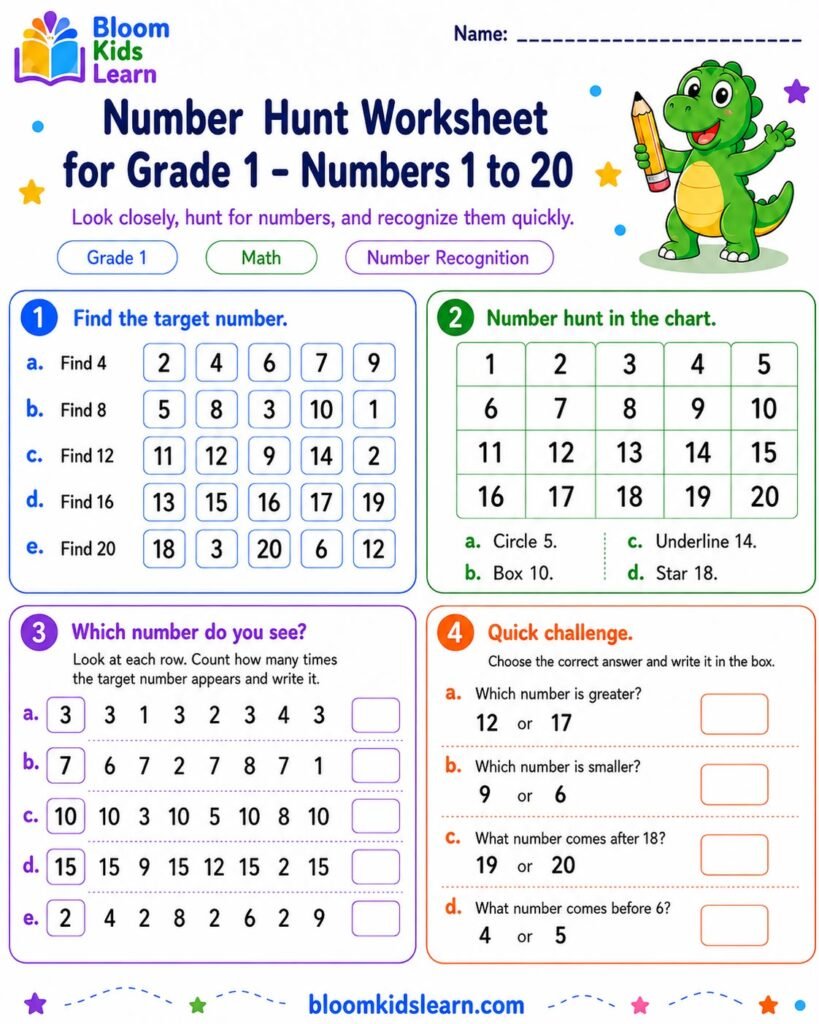 Grade 1 number hunt worksheet preview
