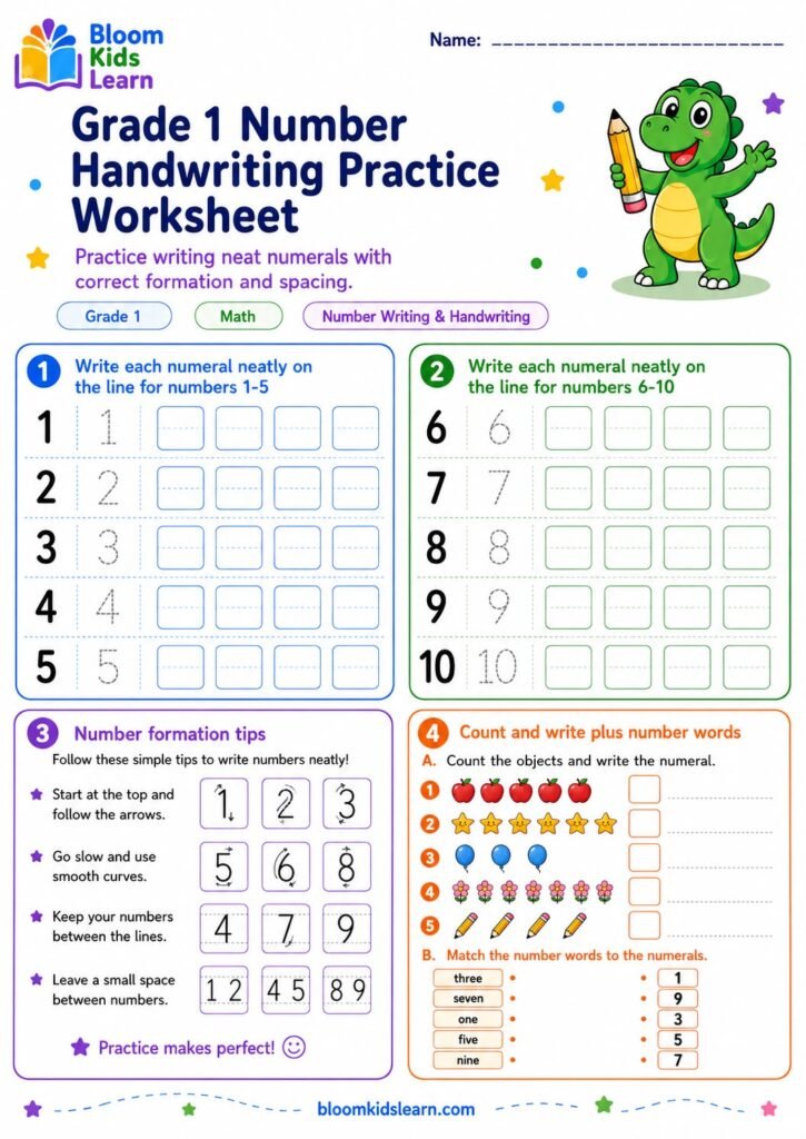 Grade 1 number handwriting practice worksheet preview