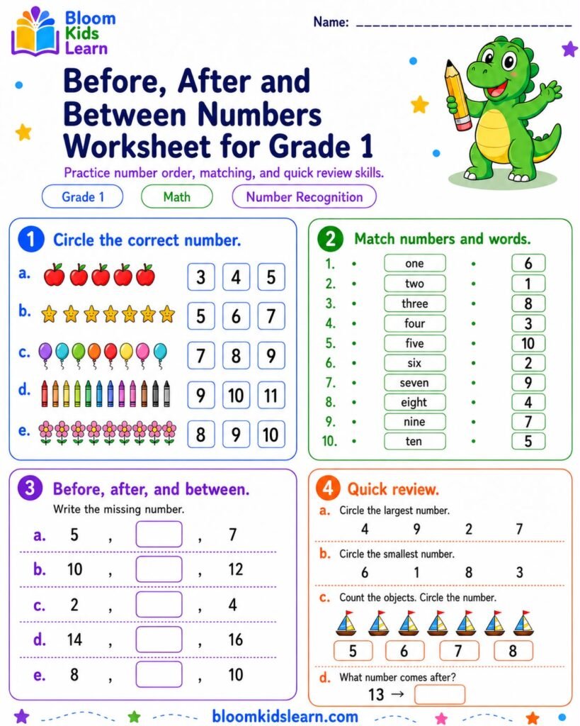 Grade 1 before after and between numbers worksheet preview