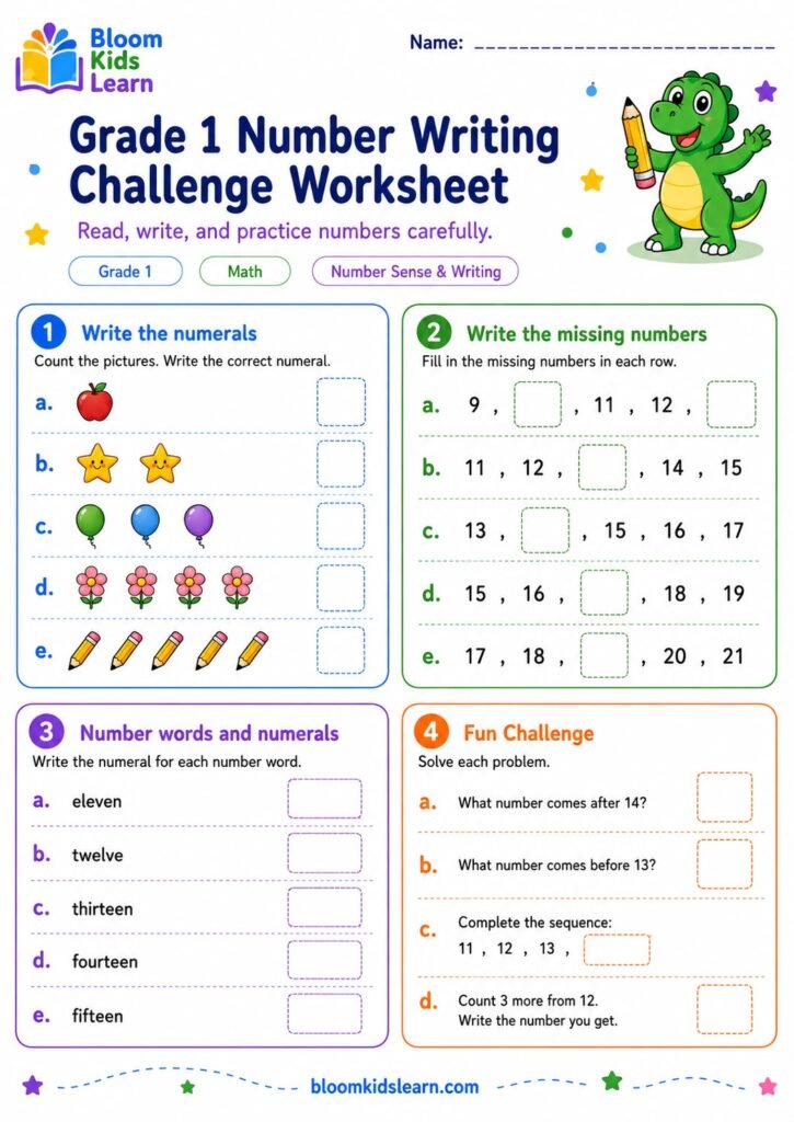 Grade 1 number writing challenge worksheet preview