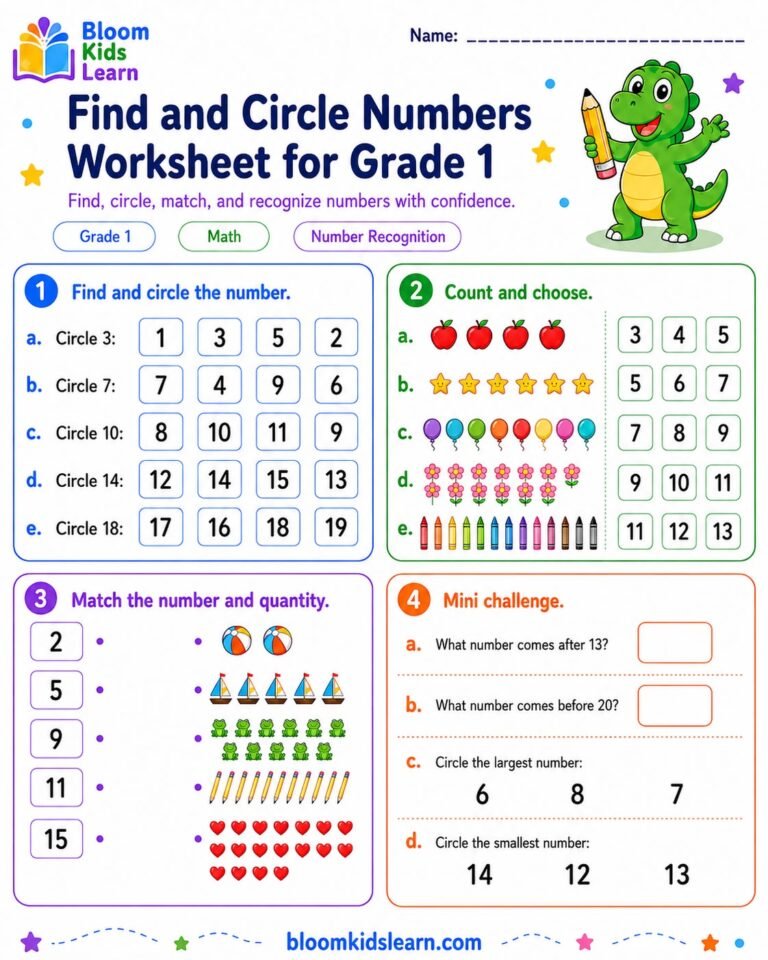 Find and circle numbers worksheet for Grade 1