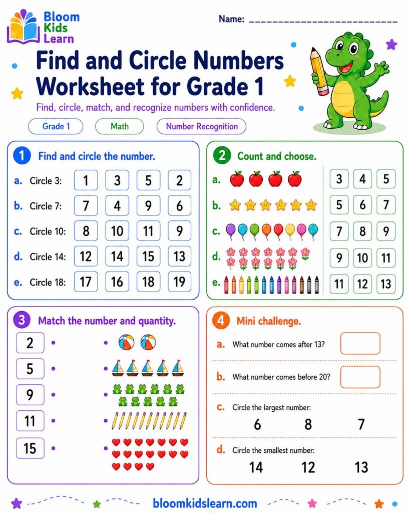Find and circle numbers worksheet for Grade 1