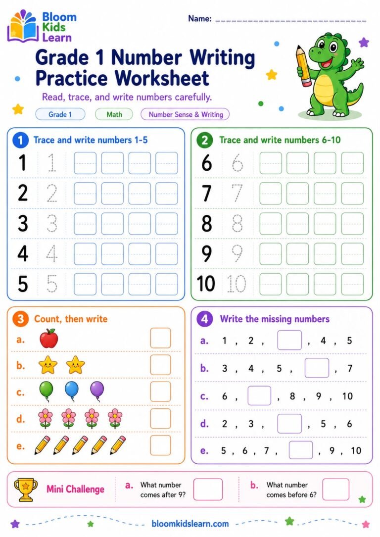 Grade 1 number writing practice worksheet preview