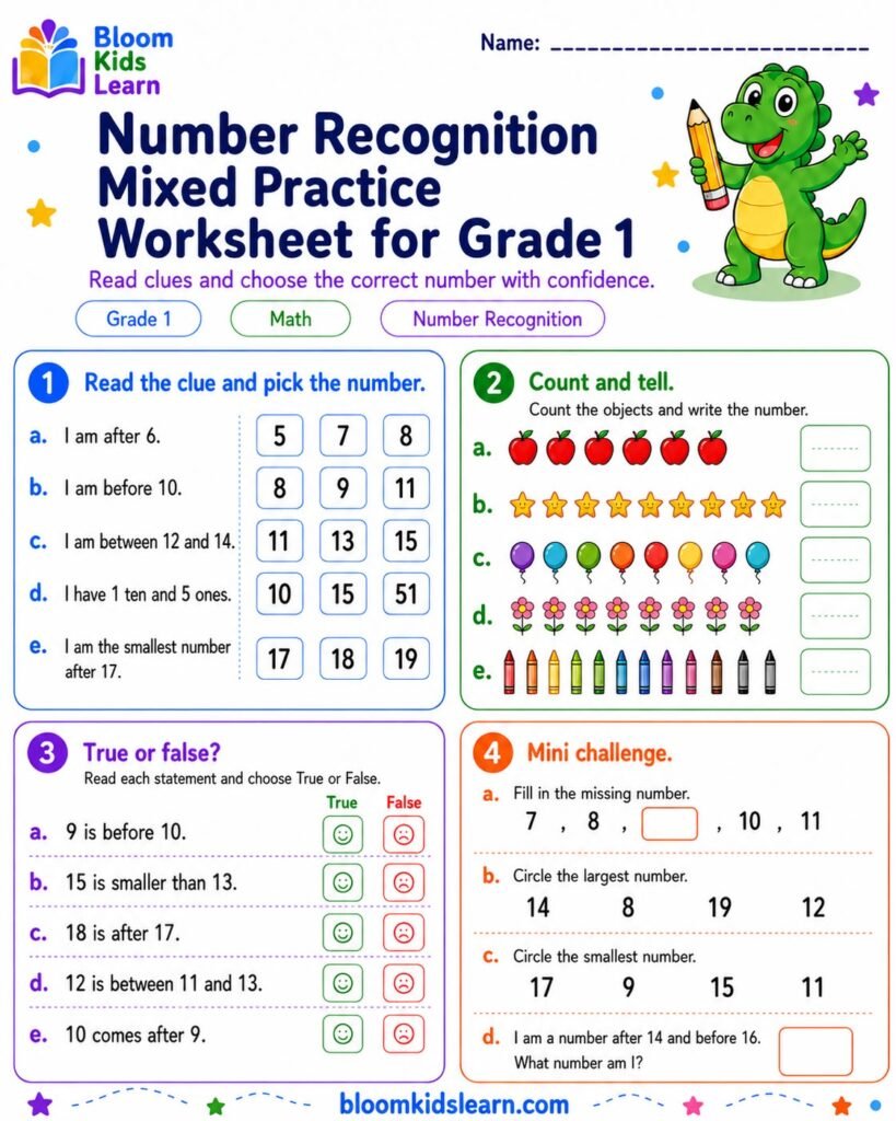 Grade 1 number recognition mixed practice worksheet preview