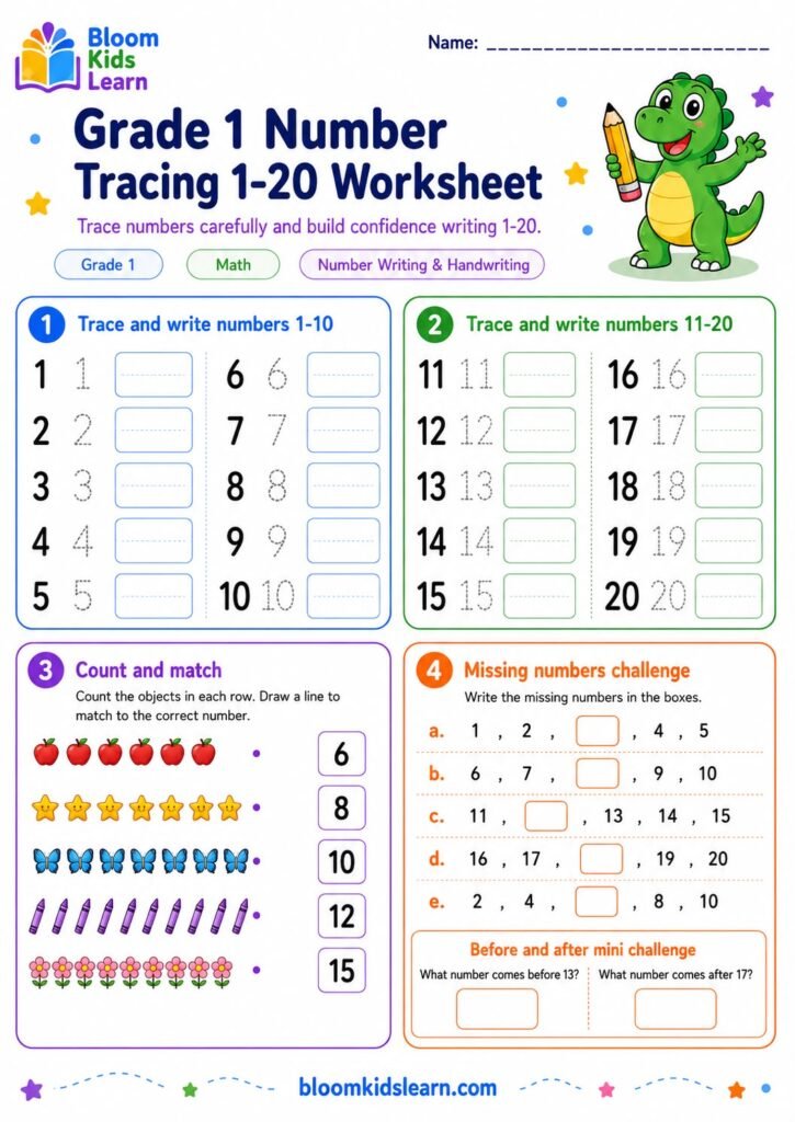 Grade 1 number tracing 1-20 worksheet preview