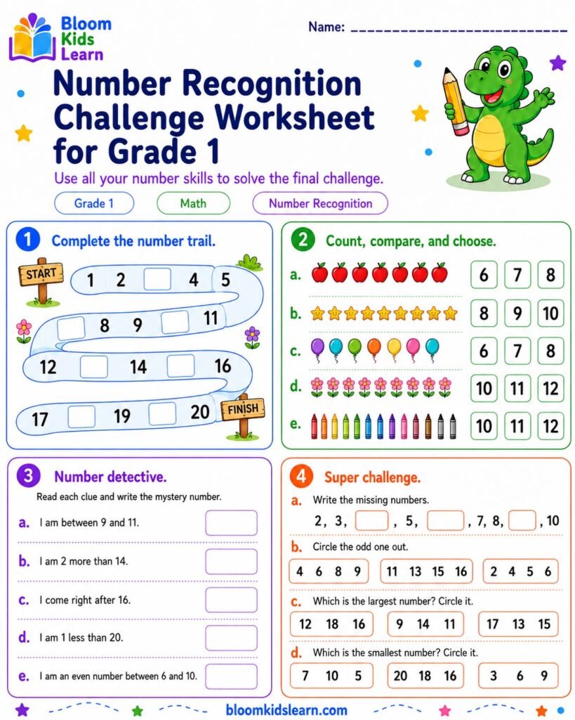 Grade 1 number recognition challenge worksheet preview