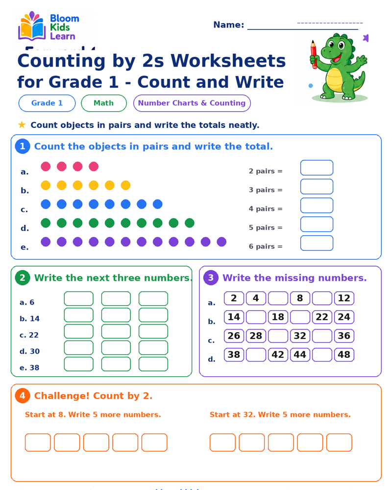 Grade 1 counting by 2s Count and Write printable worksheet preview