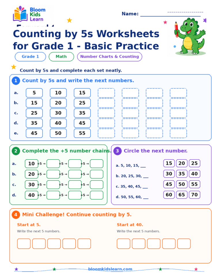 Grade 1 counting by 5s basic practice printable worksheet preview