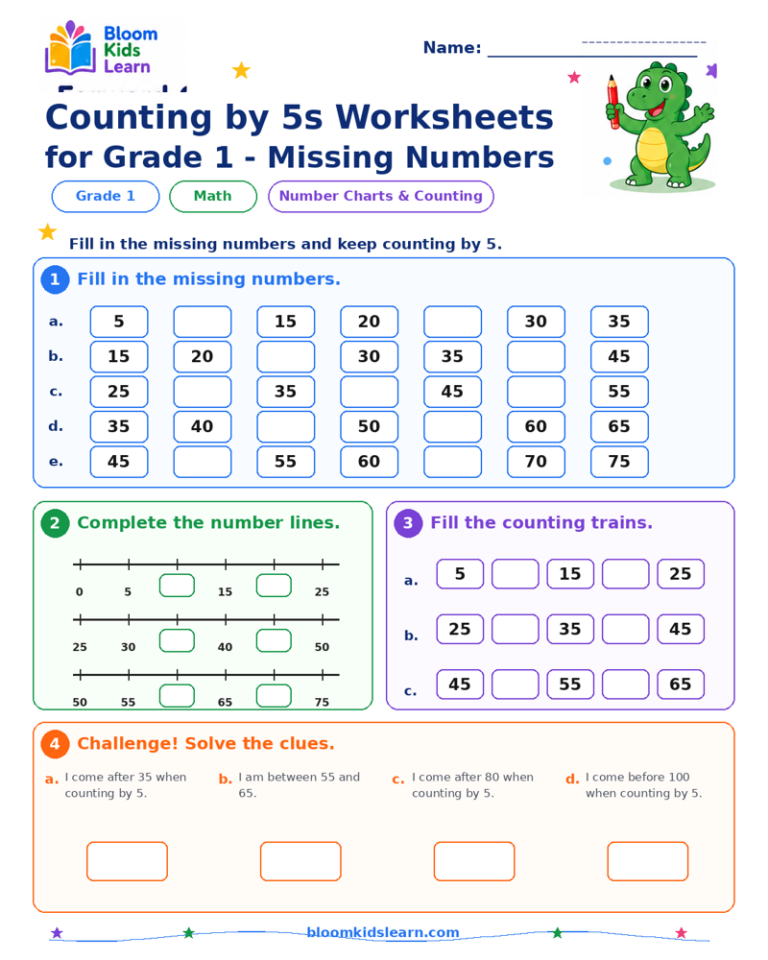 Grade 1 counting by 5s missing numbers printable worksheet preview
