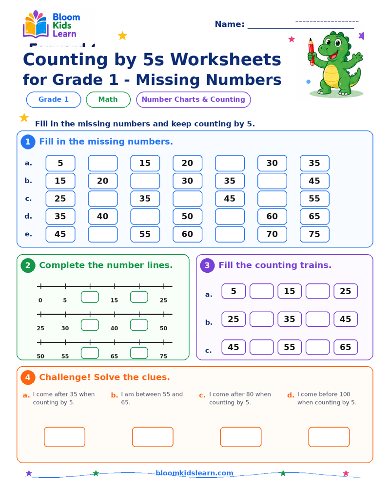 Grade 1 counting by 5s missing numbers printable worksheet preview