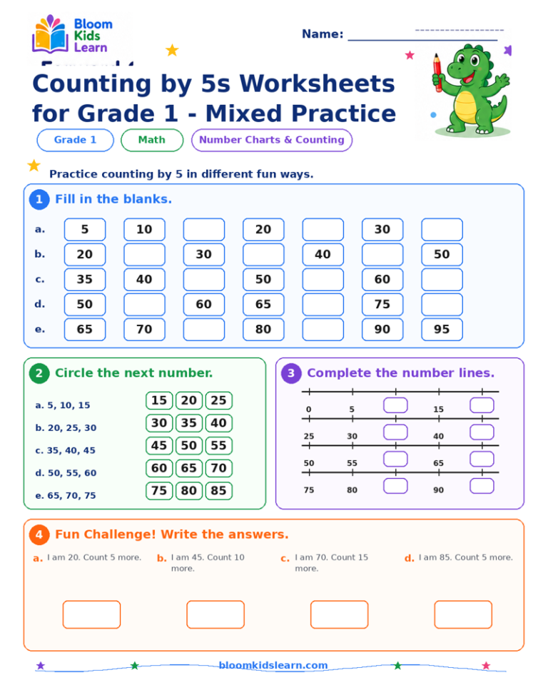 Grade 1 counting by 5s mixed practice worksheet preview