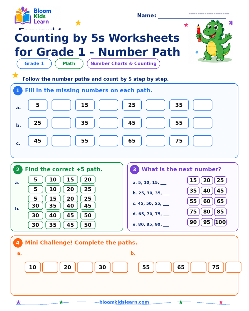Counting by 5s number path worksheet for Grade 1