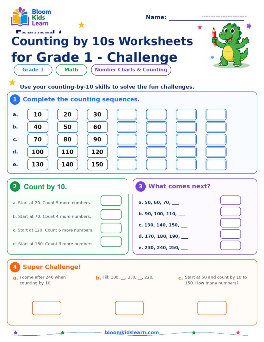 Counting by 10s challenge worksheet preview for Grade 1
