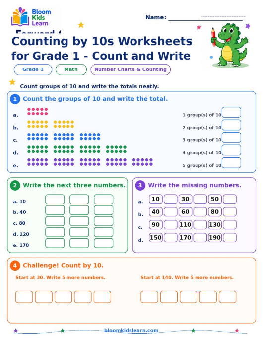 Counting by 10s count and write worksheet preview for Grade 1