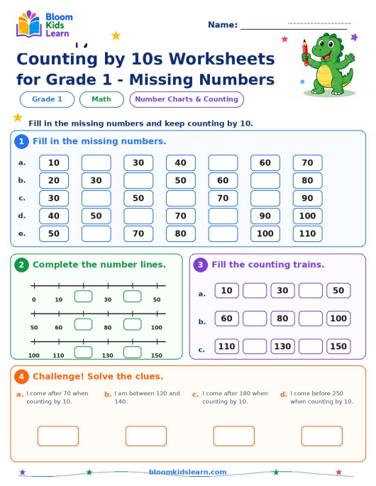 Grade 1 counting by 10s missing numbers worksheet preview