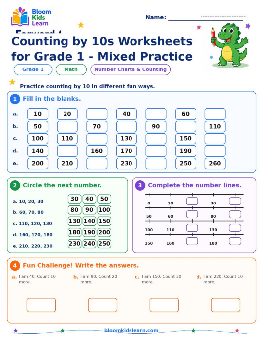 Counting by 10s mixed practice worksheet preview for Grade 1