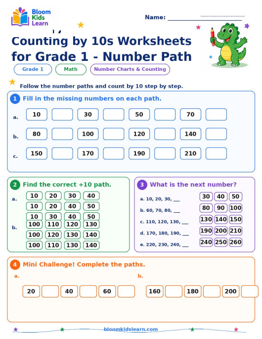 Grade 1 counting by 10s number path worksheet preview