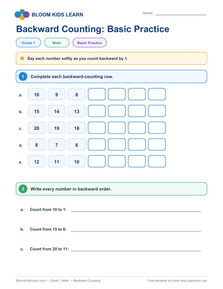 Backward counting basic practice worksheet for Grade 1 with number sequences
