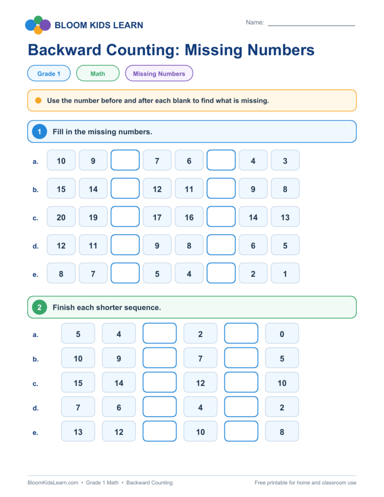 Backward counting missing numbers worksheet for Grade 1 with blanks in sequences