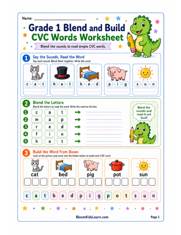 Blend and Build CVC Words Worksheet for Grade 1 — worksheet preview