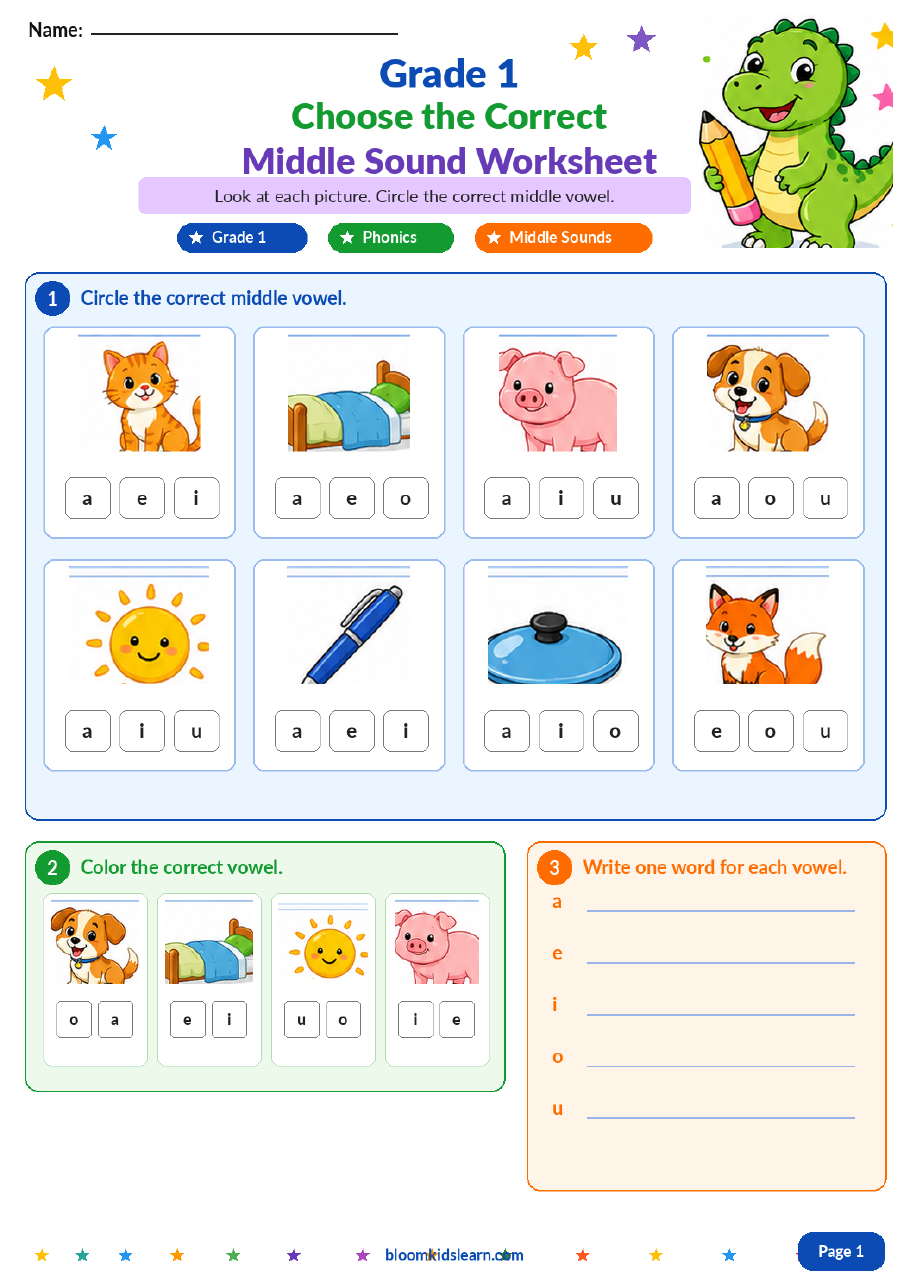 Grade 1 choose the correct middle sound worksheet