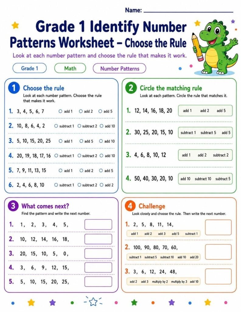 Grade 1 choose the rule number patterns worksheet with multiple-choice pattern rules
