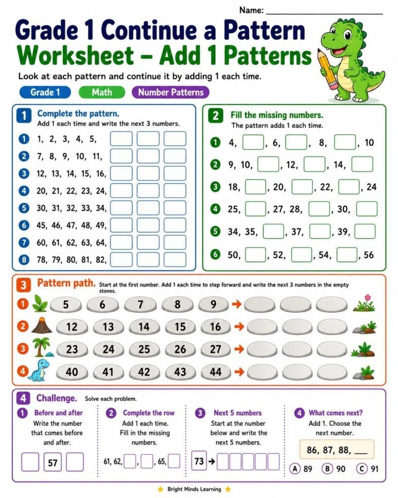 Grade 1 continue a pattern worksheet adding 1 with missing numbers and pattern paths