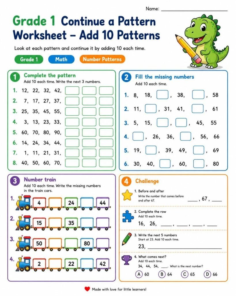 Grade 1 continue a pattern worksheet adding 10 with number trains and missing numbers