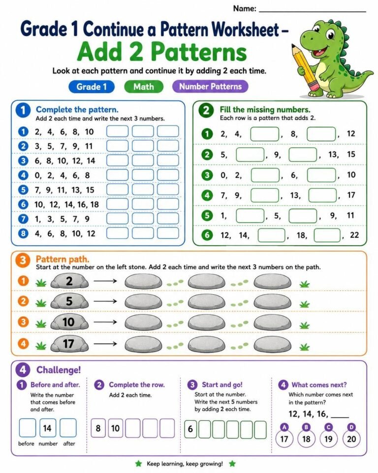Grade 1 continue a pattern worksheet adding 2 with number sequences and pattern paths