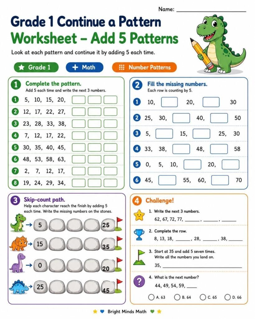 Grade 1 continue a pattern worksheet adding 5 with skip-count paths and missing numbers