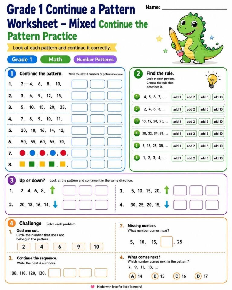 Grade 1 mixed continue a pattern worksheet with number and picture patterns
