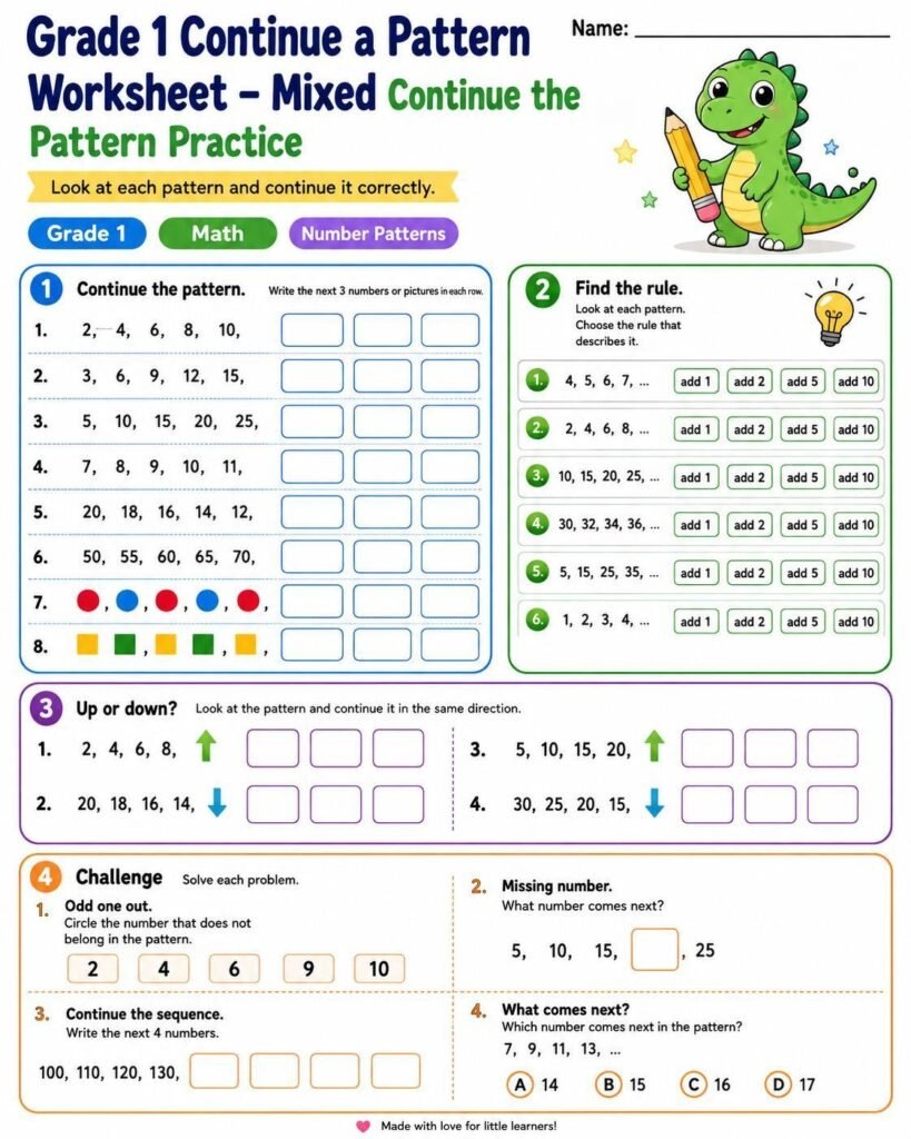 Grade 1 mixed continue a pattern worksheet with number and picture patterns