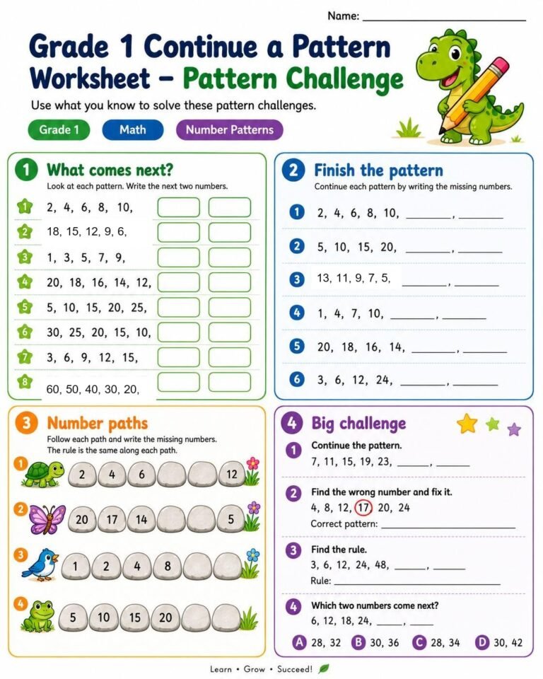 Grade 1 continue a pattern challenge worksheet with number paths and pattern rules