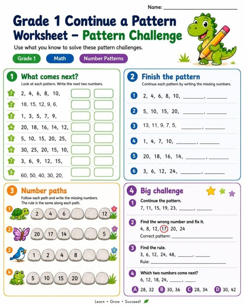 Grade 1 continue a pattern challenge worksheet with number paths and pattern rules