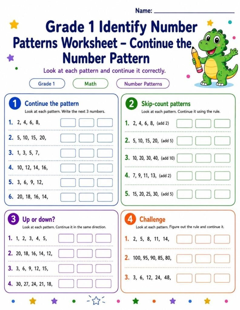 Grade 1 continue the number pattern worksheet with increasing and decreasing sequences