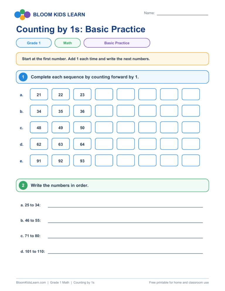 Grade 1 counting by 1s basic practice worksheet preview