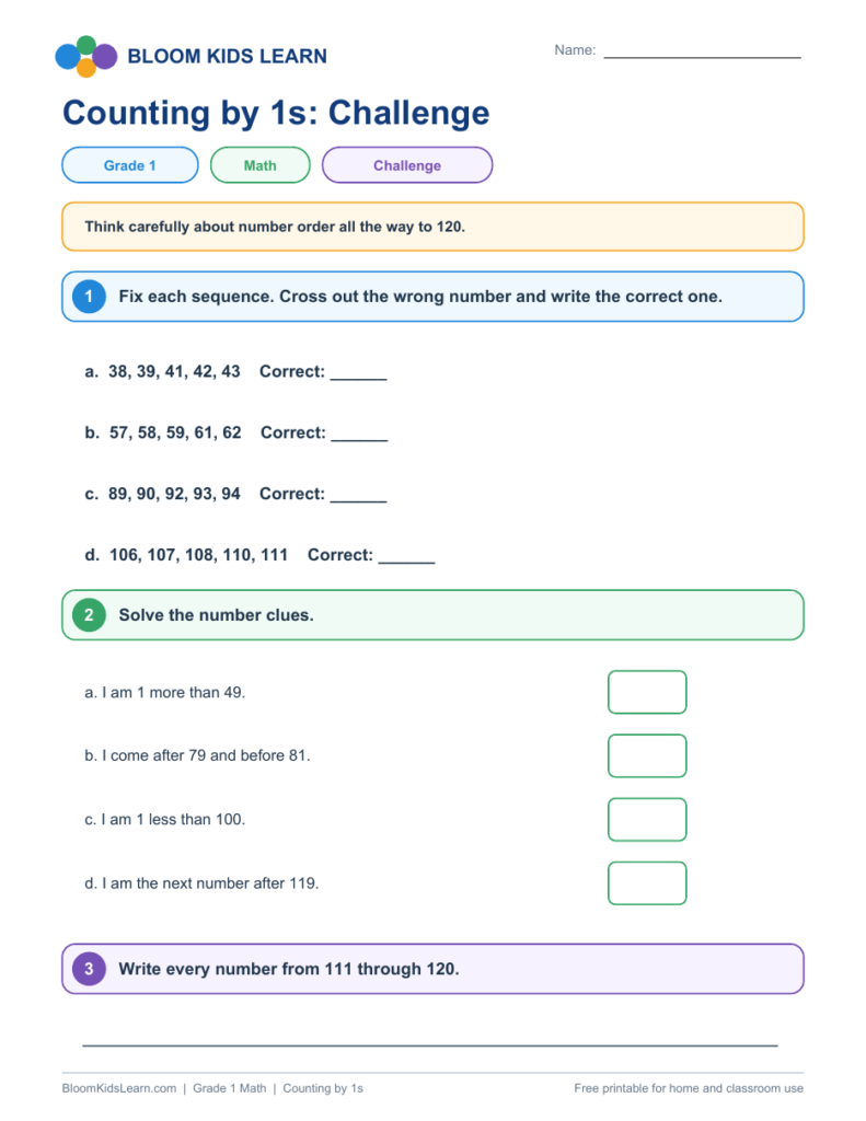 Grade 1 counting by 1s challenge worksheet preview