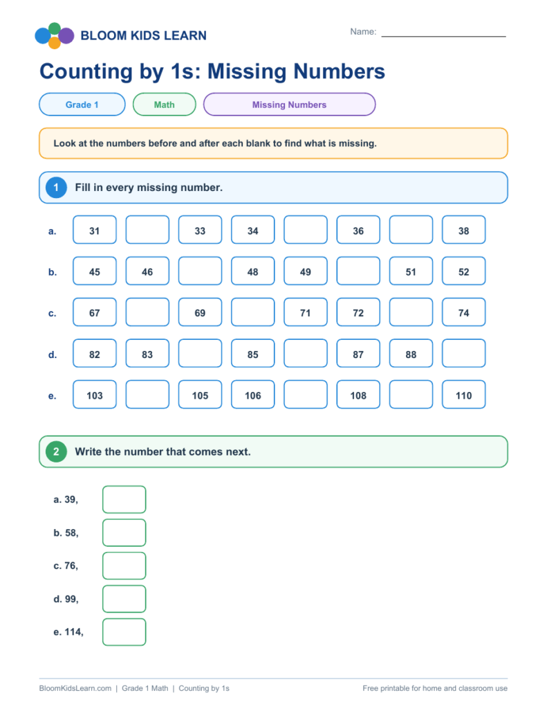 Grade 1 counting by 1s missing numbers worksheet preview