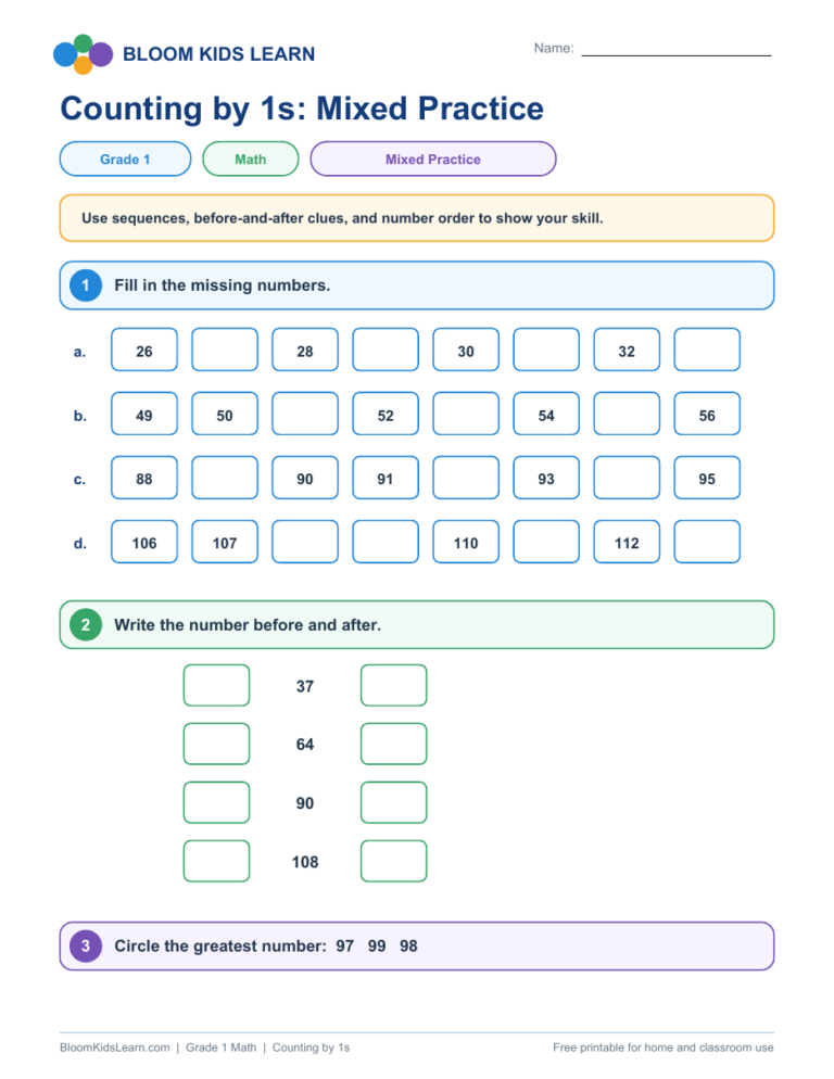 Grade 1 counting by 1s mixed practice worksheet preview