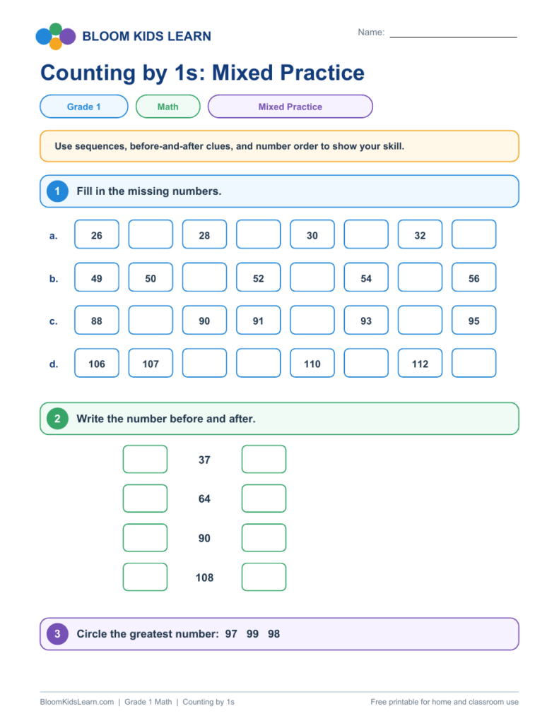 Grade 1 counting by 1s mixed practice worksheet preview