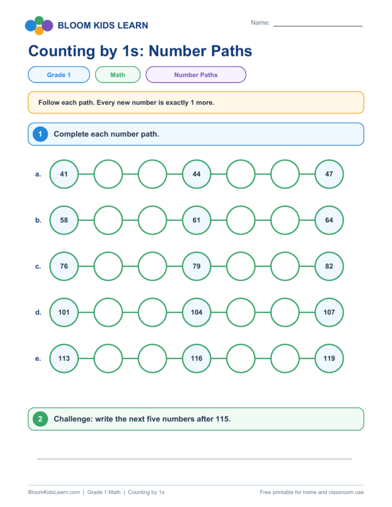 Grade 1 counting by 1s number paths worksheet preview