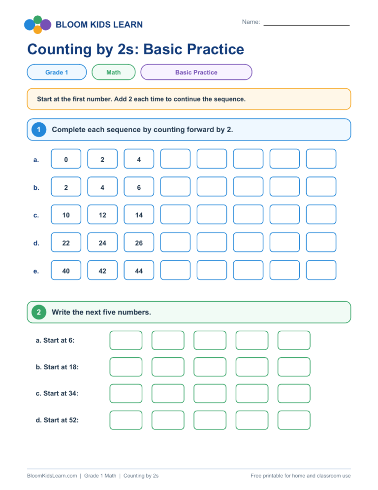 Grade 1 Counting by 2s Basic Practice worksheet preview
