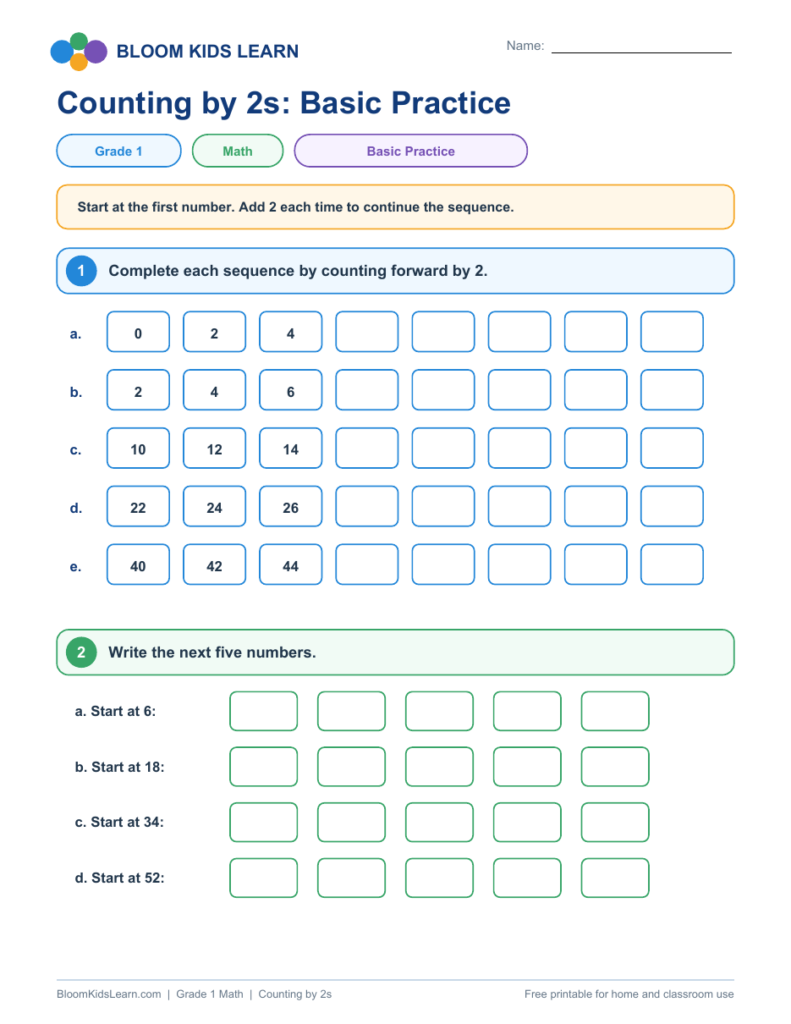 Grade 1 Counting by 2s Basic Practice worksheet preview