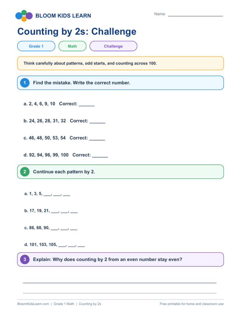 Grade 1 counting by 2s challenge printable worksheet preview