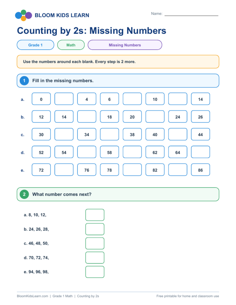 Grade 1 counting by 2s missing numbers printable worksheet preview