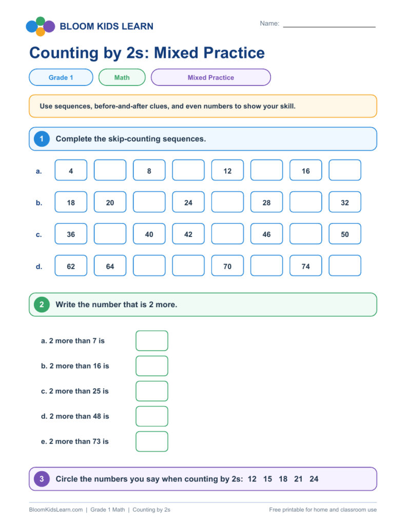 Grade 1 counting by 2s mixed practice printable worksheet preview