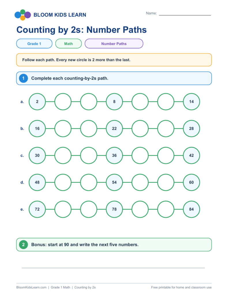 Grade 1 counting by 2s number paths printable worksheet preview