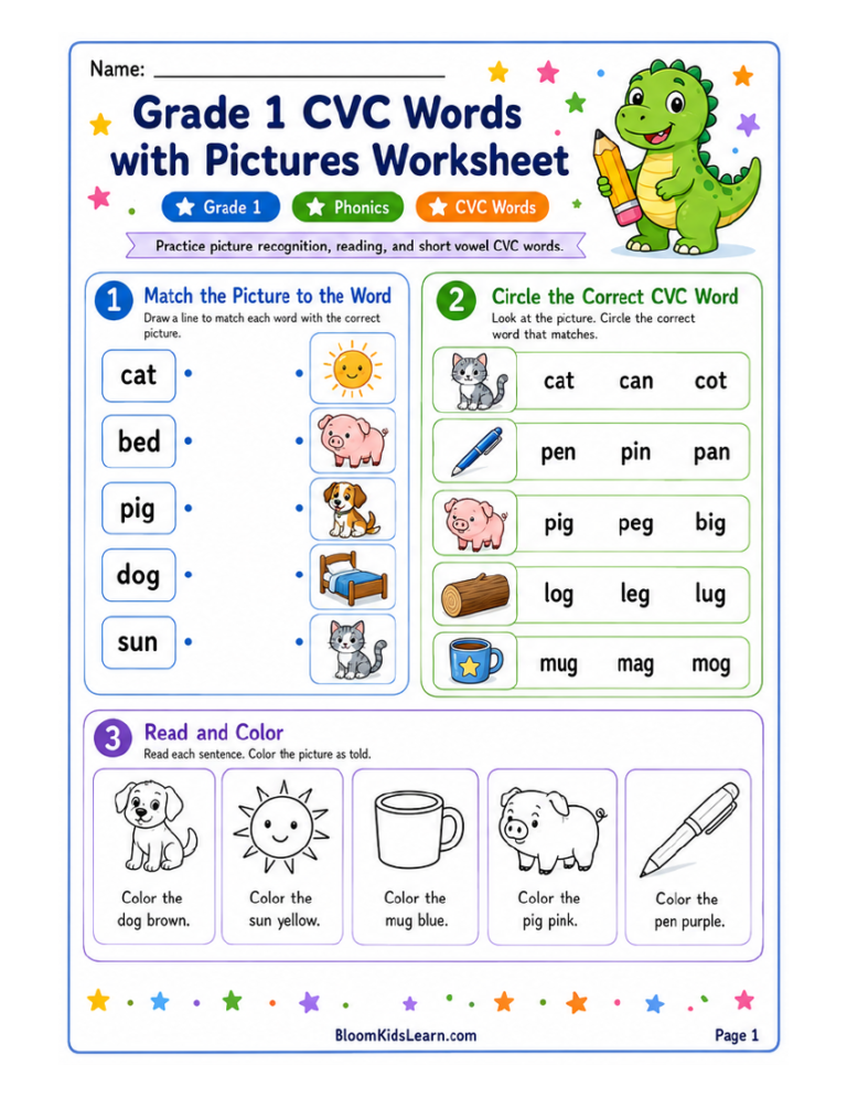 CVC Words with Pictures Worksheet for Grade 1 — worksheet preview